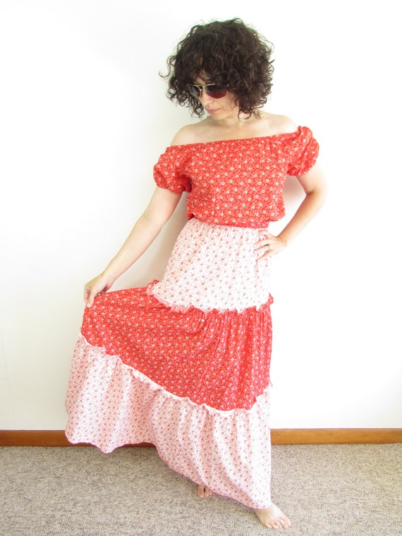 Vintage JC Penney Peasant Dress 1970s Red and Whit