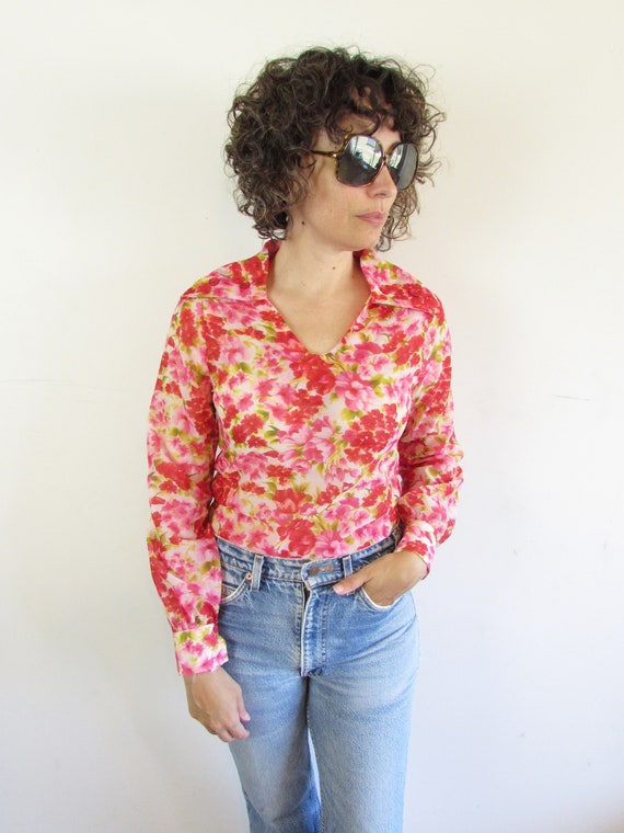 Vintage Floral Blouse 1970s Vintage Handmade Semi… - image 2