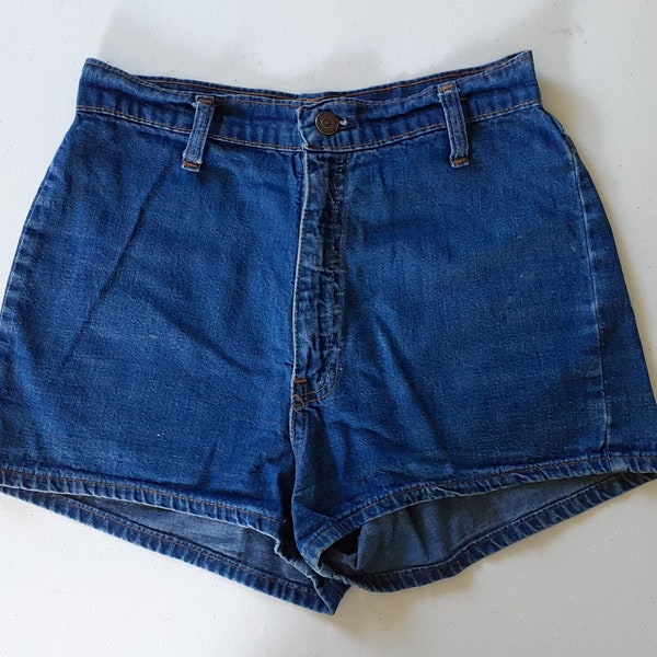 Vintage Plowboy Shorts 1970s Levis Farmer Mechanics Miners Dark Wash High Waist Cheeky Booty Shorts XS S