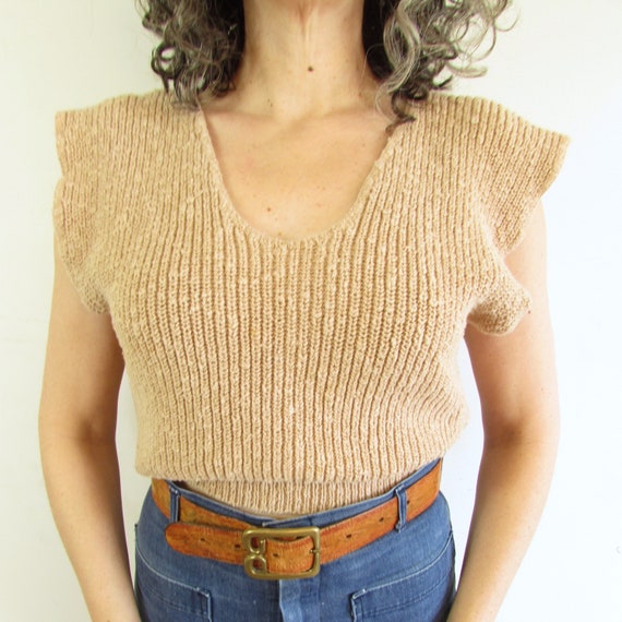 Vintage 1970s 1980s Jazzy Tan Cropped Sleeveless … - image 3