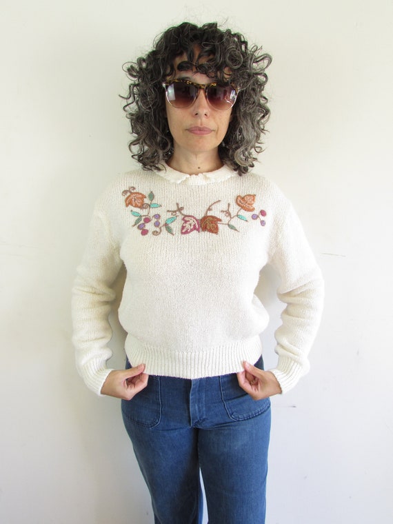 Vintage Fall Sweater 1980s Country Craft Cream an… - image 3