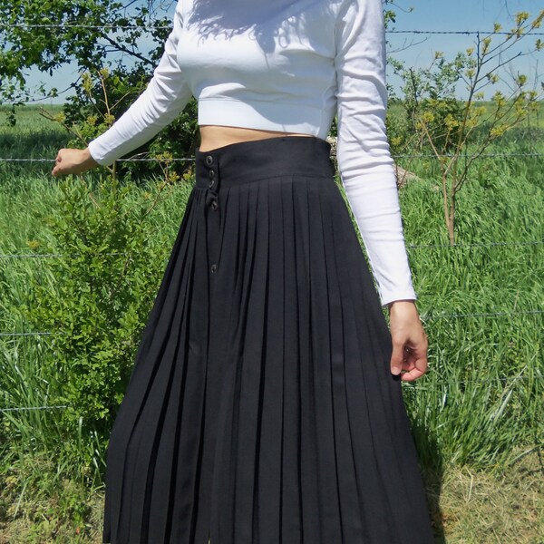 Vintage Retro Hipster Boho Indie Button Up High Waisted Pleated Maxi Skirt