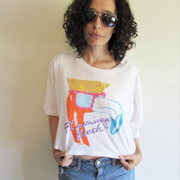 Vintage 80s OP Ocean Pacific Neon Flat Top Flamingo Beach Oversize Crop Top