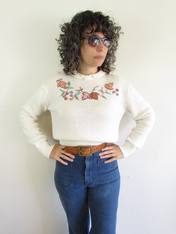 Vintage Fall Sweater 1980s Country Craft Cream an… - image 2