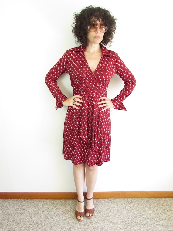 Vintage Hukapoo Wrap Dress 1970s Maroon Floral Nov
