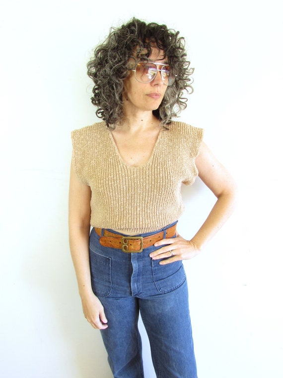 Vintage 1970s 1980s Jazzy Tan Cropped Sleeveless … - image 1