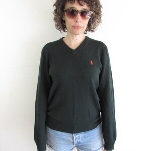 Vintage Green Sweater 1990s Y2K Polo Ralph Lauren Forest Green Lambs Wool V Neck Pullover Sweater M image 3