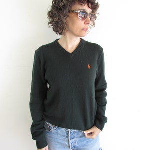 Vintage Green Sweater 1990s Y2K Polo Ralph Lauren Forest Green Lambs Wool V Neck Pullover Sweater M image 2