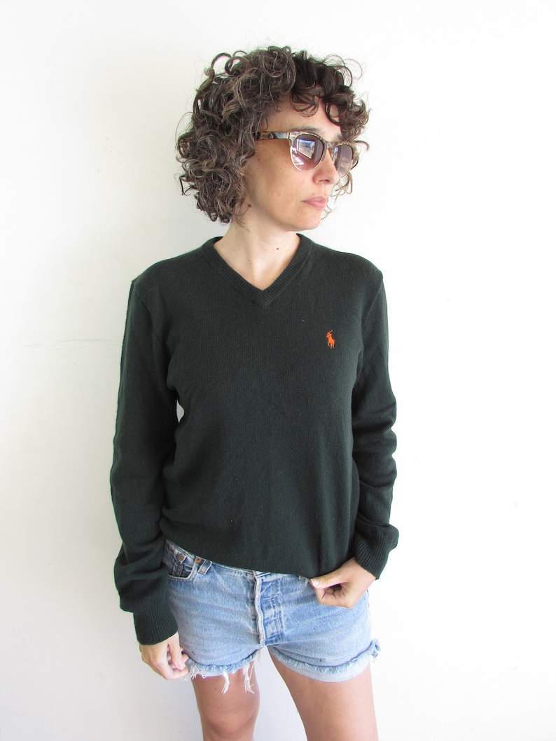 Vintage Green Sweater 1990s Y2K Polo Ralph Lauren Forest Green Lambs Wool V Neck Pullover Sweater M image 2