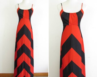 Vintage Disco Dress 1970s Red and Black Striped Polyester Open Back Empire Waist Sleeveless Maxi Dress XS S