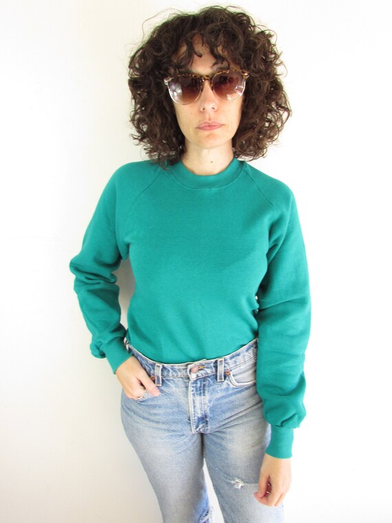 Vintage Sweatshirt 1980s Teal Raglan Blank Basic J