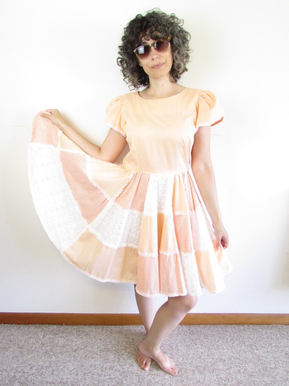 Vintage Square Dance Dress 1980s Peach Lace and Gi