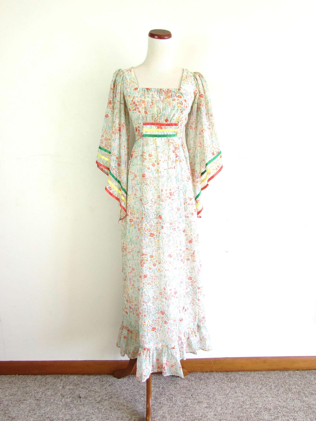 Vintage 70s Floral Angel Wing Sleeve Dress: XXS/XS Boho Peasant Style ...
