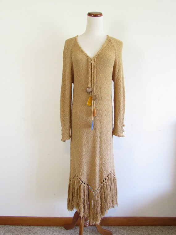 Vintage St Claire Khaki Woven Midi Dress 1980s Bo… - image 1