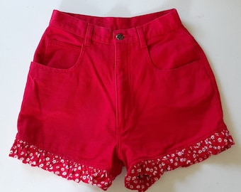 Vintage Red Shorts 1980s 1980s Extra Primary Red Floral Ruffle High Waist Denim Summer Daisy Duke Shorty Shorts XS