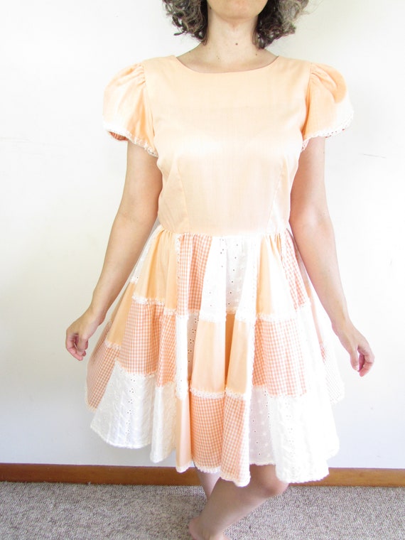 Vintage Square Dance Dress 1980s Peach Lace and G… - image 4