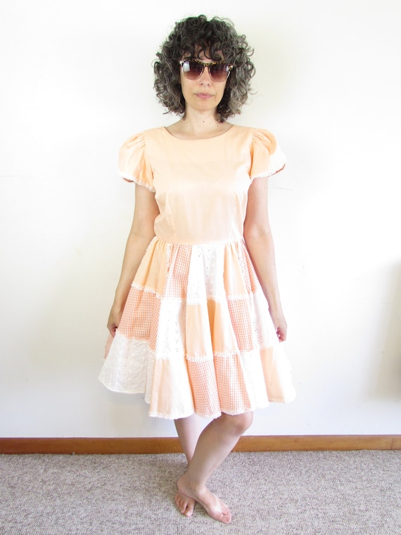 Vintage Square Dance Dress 1980s Peach Lace and G… - image 2