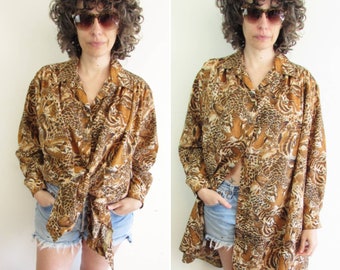 Vintage Animal Print Blouse 1990s Vintage Handmade Tiger Big Cat All Over Print Button Up Swimsuit Cover Smock Loungewear OSFM