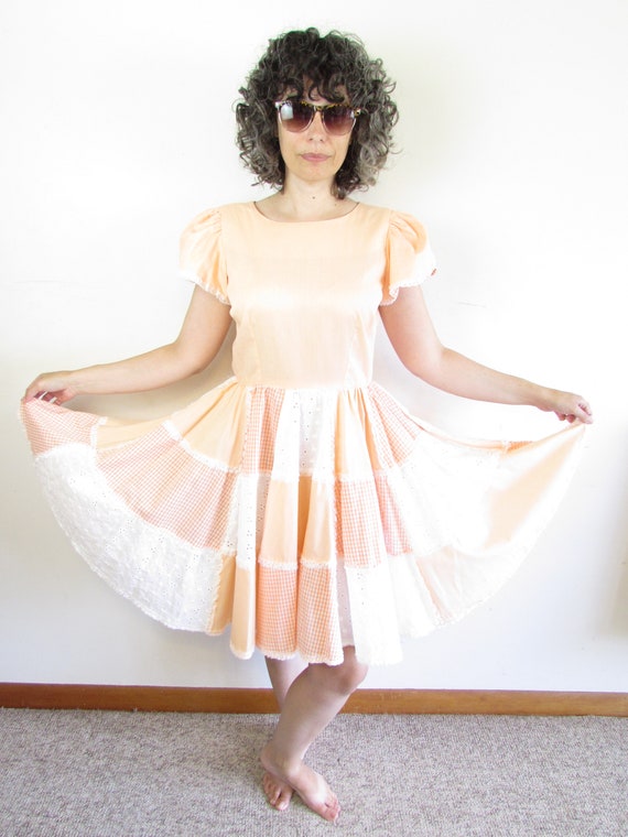 Vintage Square Dance Dress 1980s Peach Lace and G… - image 3