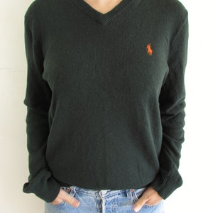 Vintage Green Sweater 1990s Y2K Polo Ralph Lauren Forest Green Lambs Wool V Neck Pullover Sweater M image 5