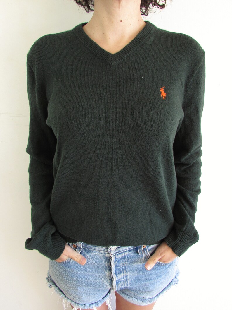 Vintage Green Sweater 1990s Y2K Polo Ralph Lauren Forest Green Lambs Wool V Neck Pullover Sweater M image 5