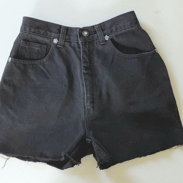 Vintage Cut Off Shorts 1980s 1990s Black LA Gear Cut Off Denim Shorts Summer Concert Distressed XS