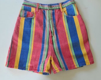 Vintage Striped Shorts 1980s 1990s Bonjour Striped Faded Primary Colors High Waist Denim Shorts XS