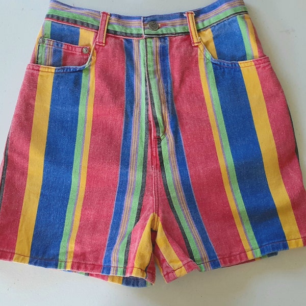 Vintage Striped Shorts 1980s 1990s Bonjour Striped Faded Primary Colors High Waist Denim Shorts XS