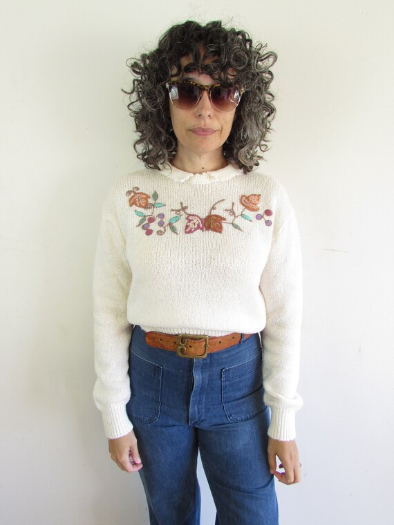 Vintage Fall Sweater 1980s Country Craft Cream an… - image 1