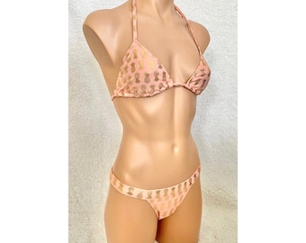 Gold Foil Pineapple Bikini Set. Trendy Bikini. Pink Bikini