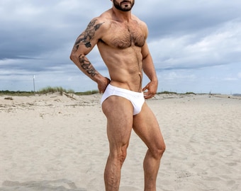 Men's Textured White Swim Brief- Men's swimwear