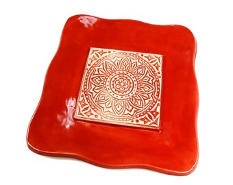 1980 Handmade Terra Cotta Radial Glaze Design J White Red Clay Mandala Large Serving Plate 1980s