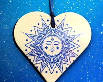 Blue Sleeping Moon Heart Ornament, Handmade Ceramic, Constellation Decor, Whimsical Celestial Gift, Starburst Moon
