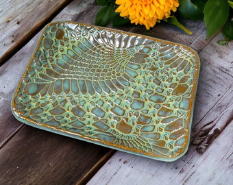 Ceramic Dish, Turquoise Lace Pottery Plate, Handmade Kitchen Essentials