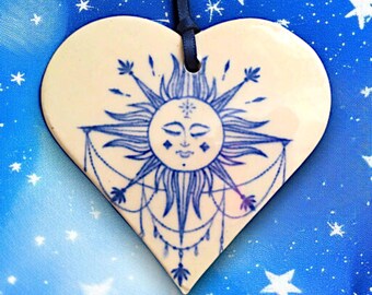 Ceramic Blue Moon Heart Ornament, Lunar Face Decor, Whimsical Celestial Gift