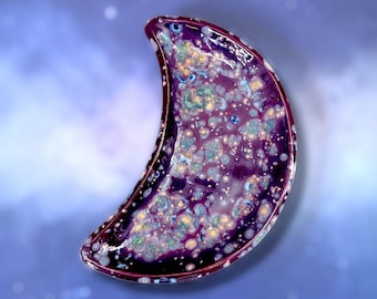 Purple Crescent Moon Dish – Boho Altar Decor – Celestial Jewelry Tray – Lunar Pottery Trinket Dish