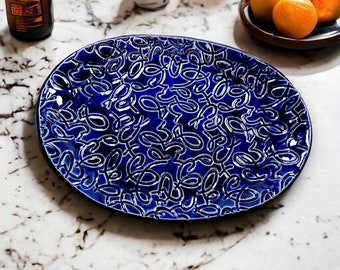 Whimsical Blue Ceramic Platter, Handmade Pottery Plate, Large Oval Serving Tray, Housewarming Present