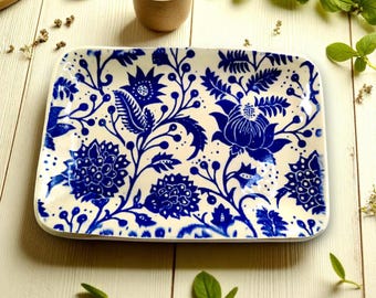 Blue Floral Pottery Plate, Beach House Decor, Ceramic Trinket Dish, Perfume Tray