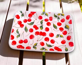 Cherries Ceramic Plate, Summer Patio Dining, Cherry Spoon Rest