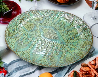 Turquoise Platter, Large Serving Plate, Oval Platter, Turquoise Kitchen Decor, Pottery Serving Party Tray, Hostess Gift