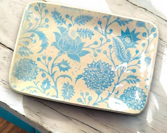 Floral Pastel Blue Pottery Plate, Beach House Decor, Ceramic Trinket Dish, Airbnb Decor Idea