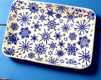 Blue and White Snowflake Plate, Winter Seasonal Decor, Holiday Cookie Dish, Christmas Candy Plate
