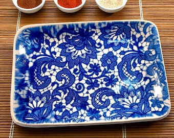 Blue Lace Pottery Plate, Ceramic Dish, Culinary Gift, Blue and White Kitchen Decor