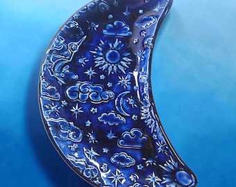 Crescent Moon Dish – Boho Altar Decor – Celestial Jewelry Tray – Light Blue Pottery Trinket Dish