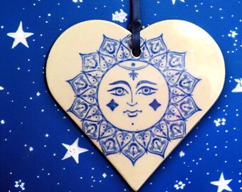 Ceramic Blue Moon Heart Ornament, Mandala Decor, Whimsical Celestial Gift