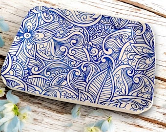 Paisley Design Dish, Blue and White Kitchen Decor, Pottery Plate, Gift for Foodie