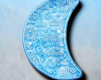 Crescent Moon Dish – Boho Altar Decor – Celestial Jewelry Tray – Light Blue Pottery Trinket Dish