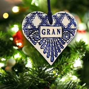 Gran Ceramic Heart Ornament, Gift for Grandma, Pregnancy Reveal, Mother's Day Gift Blue