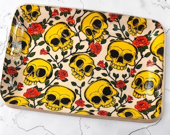 Gothic Dish with Yellow Skull and Red Rose Design, Halloween Decor, Ceramic Handmade Plate