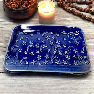 Moon Stars Plate, Celestial Decor, Moon Home Decor, Altar Dish, Incense and Candle Plate